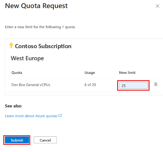 Screenshot of the New Quota Request pane showing how to request a new limit and select Submit.
