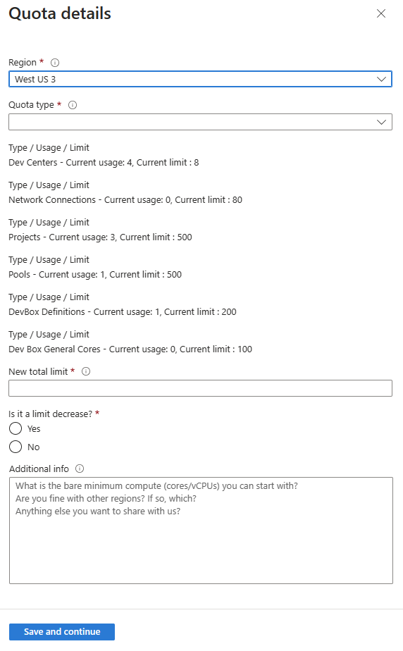 Screenshot of the Quota details pane showing current usage and current limit for all quota types for a specific region.