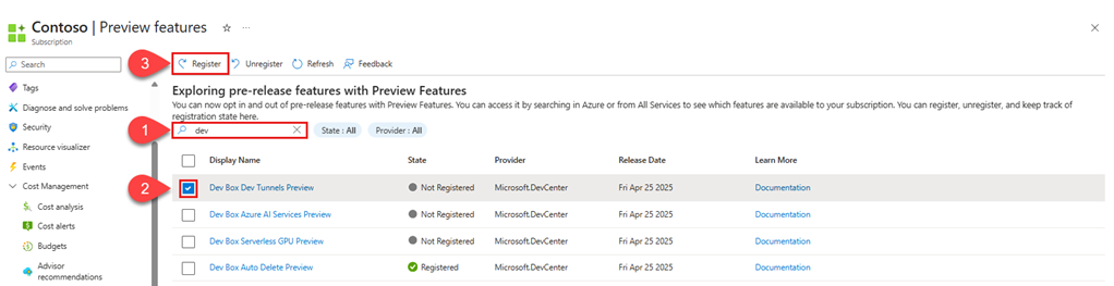 Screenshot of the Azure portal Preview features page with the 'Dev Box Dev Tunnels' entry selected and the Register button visible.
