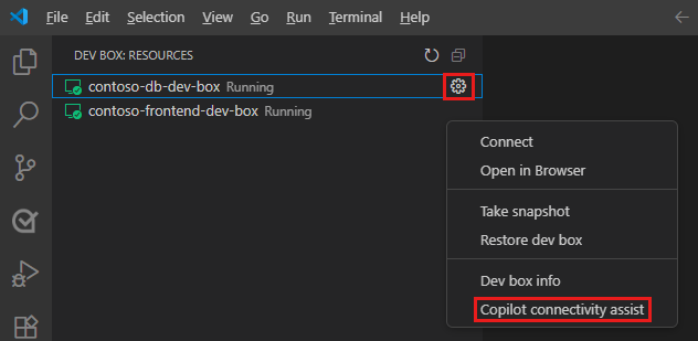 Screenshot of the Dev Box extension in VS Code showing the context menu with the Copilot connectivity assist option highlighted.