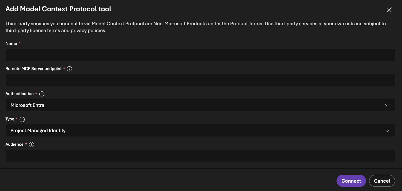 Screenshot of the connection form with fields for Remote MCP Server endpoint, authentication, audience, and Connect button to configure an MCP connection.