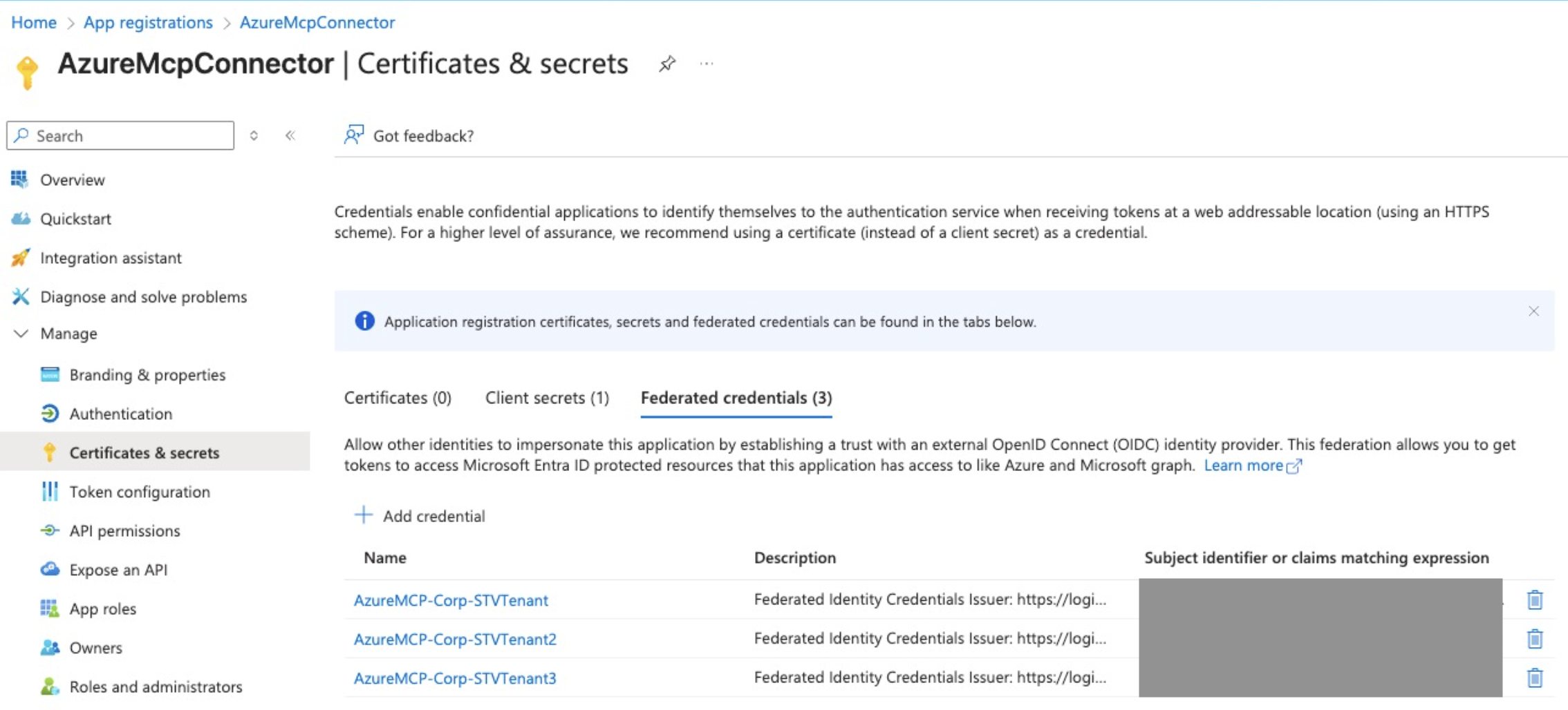 Screenshot of federated credential creation form showing issuer and subject values pasted from the custom connector plus name and description fields.