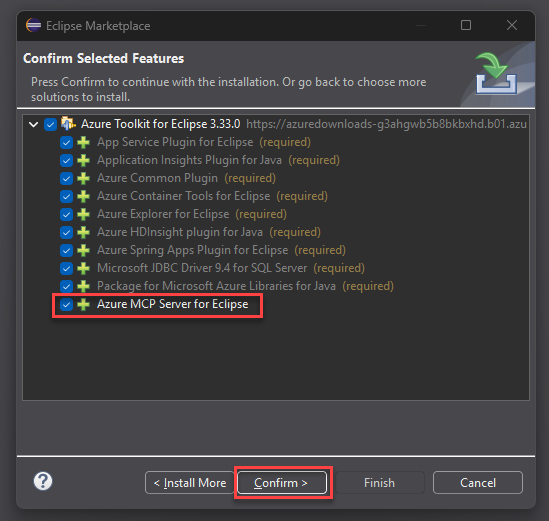 Screenshot of the Confirm Selected Features window with Azure MCP Server for Eclipse selected.