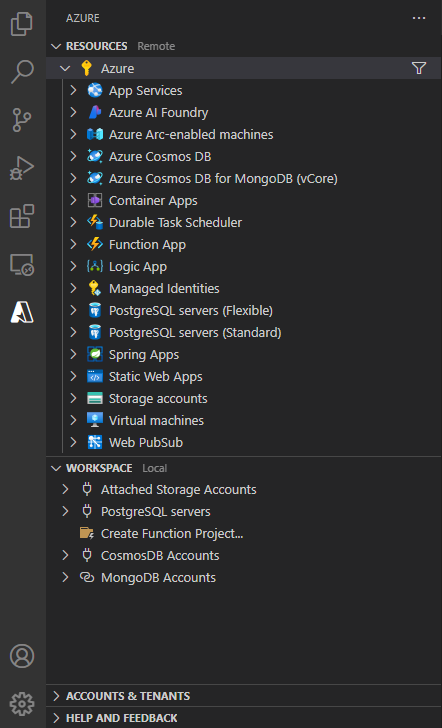 A screenshot showing Visual Studio Code with the Azure Tools extension pack installed.