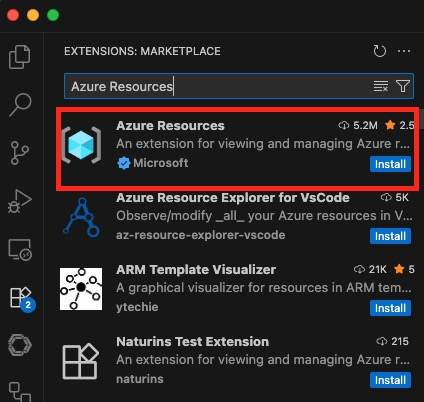 Screenshot of searching for Azure Resources in the Visual Studio Code Marketplace.