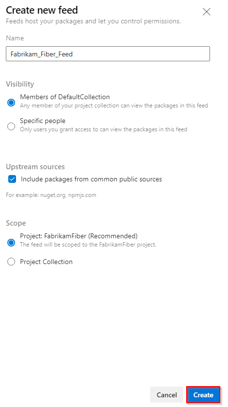 A screenshot displaying how to create a new feed in Azure DevOps Server 2022 and Server 2020.