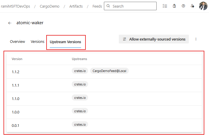 A screenshot showing the package versions available in upstream sources.