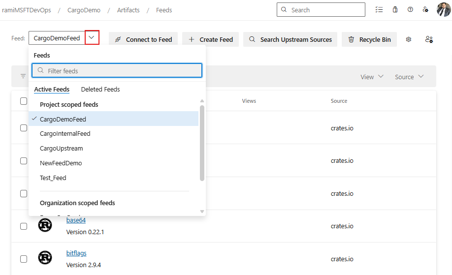 A screenshot displaying how to select a feed from the dropdown list in Azure Artifacts.