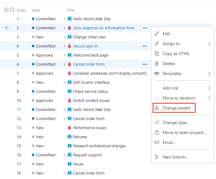 Screenshot shows the Change parent menu option for several backlog items.