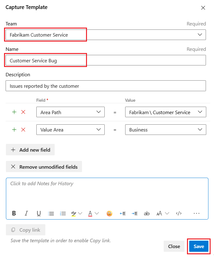 Screenshot that shows how to configure fields on the Capture template dialog in the web portal.