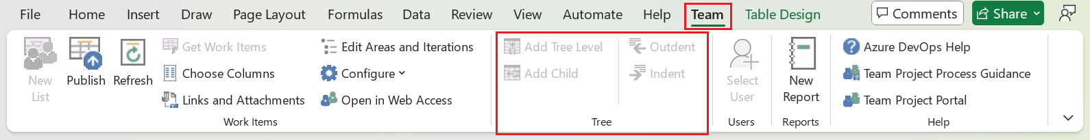 Screenshot that shows the Tree group commands unavailable (greyed) in the Team ribbon in Excel.