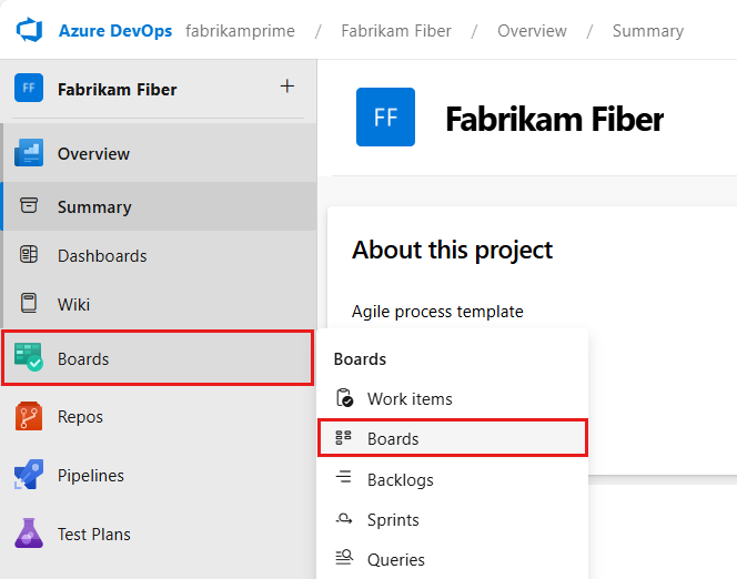 Screenshot showing navigation to Boards in the project menu.