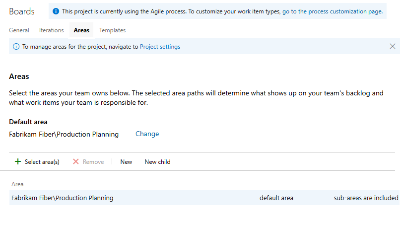 Screenshot that shows area paths for the management team.