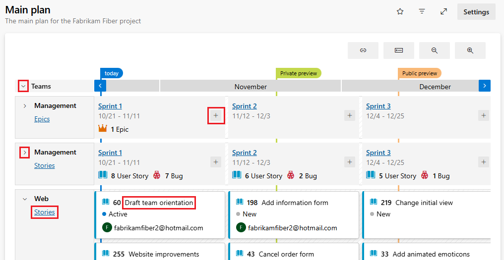Screenshot of callouts of delivery plans and collapsed teams.