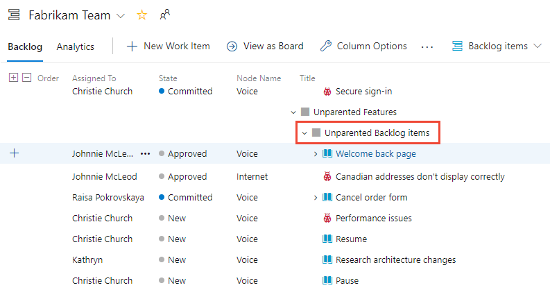 Screenshot that shows the product backlog with unparented stories.