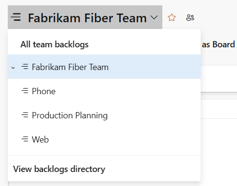 Screenshot of the team selector. A few teams are listed, and an option for viewing the backlogs directory is also available.