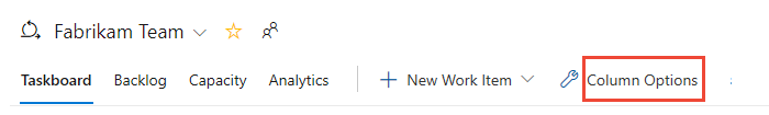 Screenshot of Column Options button on Taskboard.