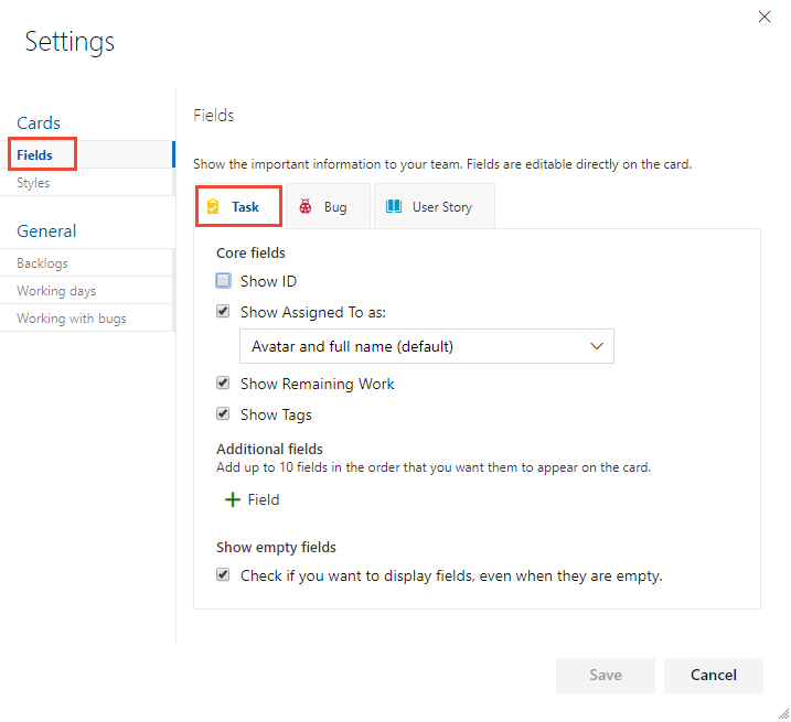 Screenshot of Settings dialog, Fields tab for Task work item type.