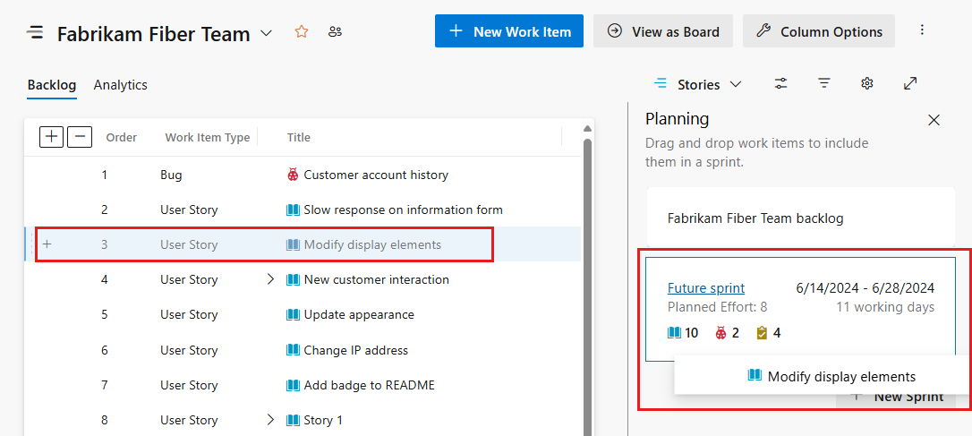 Screenshot of the Backlog where you can drag items to a sprint.
