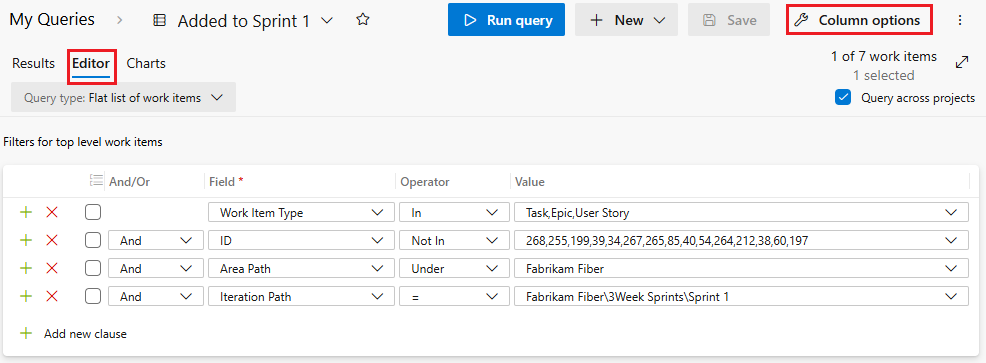 Screenshot of a query for work items added to a sprint after its start.