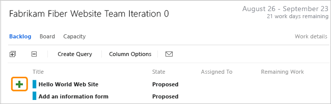 Screenshot that shows the Add task link on a sprint backlog page in the web portal