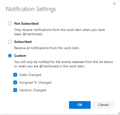 Screenshot showing the Work item form notification settings dialog for follow.