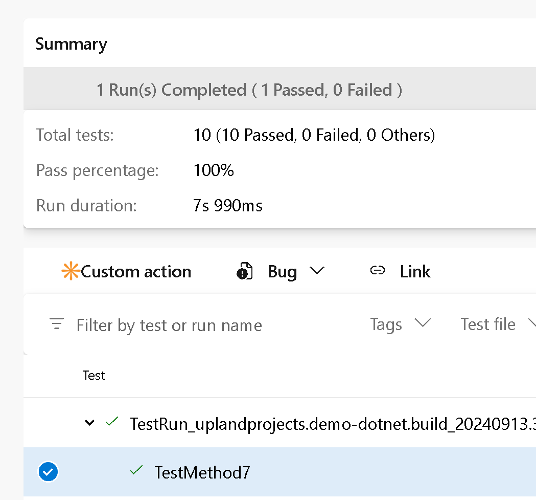 Screenshot of a custom action in the test results toolbar.