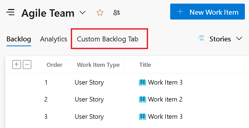 Screenshot of a custom tab on the product backlog.