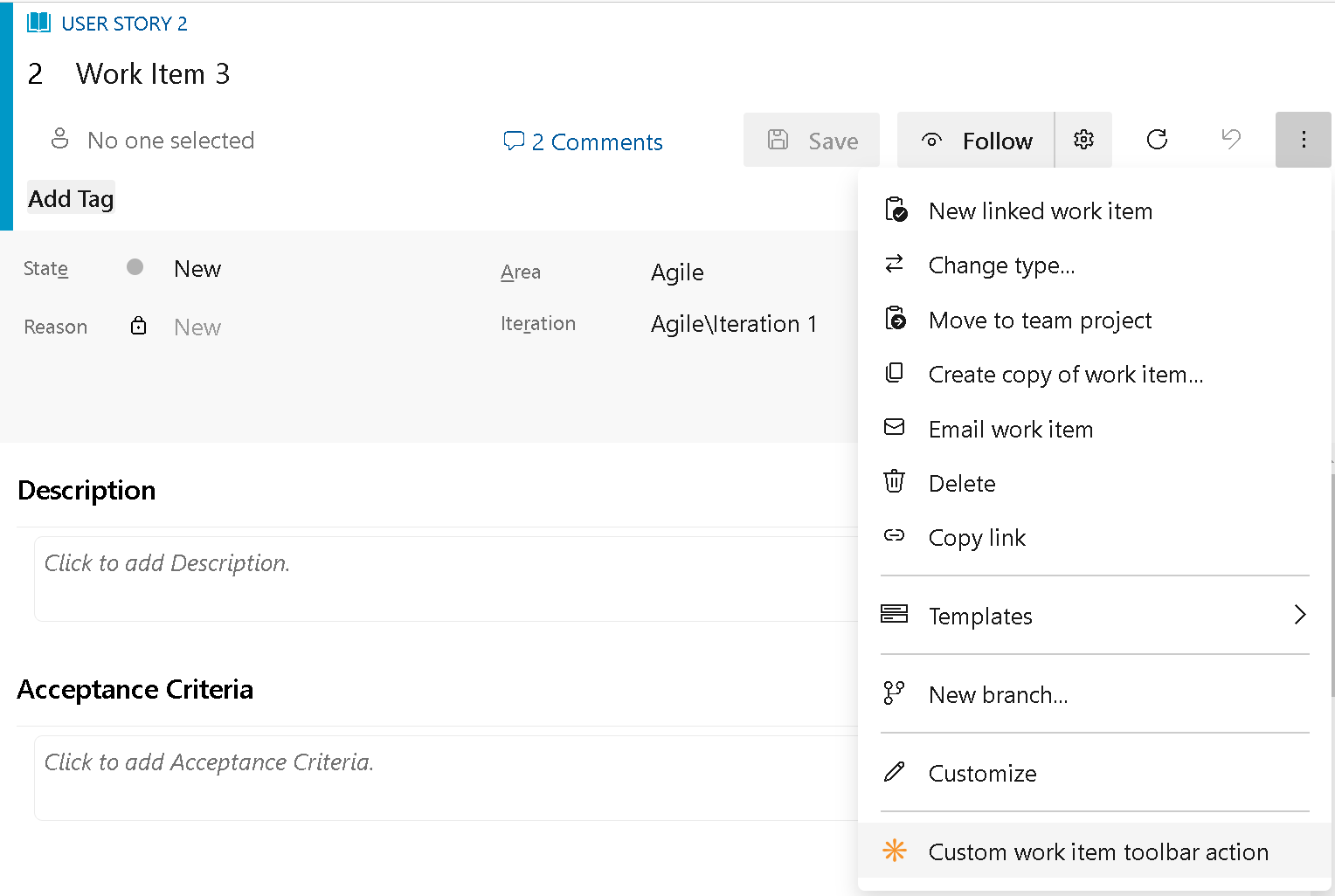 Screenshot of custom actions in the work item toolbar.