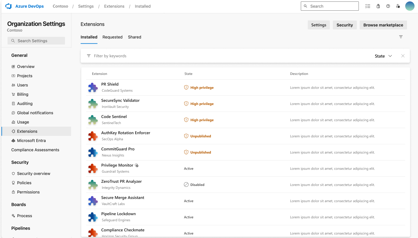 Screenshot showing list of high privilege extensions in Organization settings.