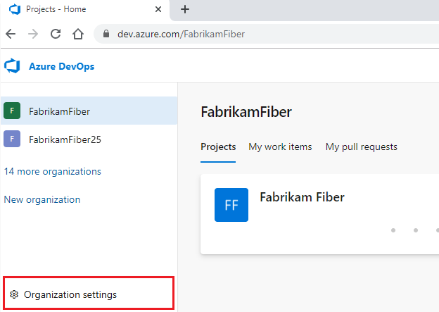 Screenshot of Organization settings button, preview page.