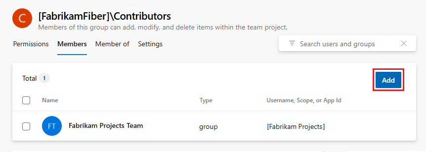 Screenshot of the Contributors security group configuration page showing the Add option highlighted.