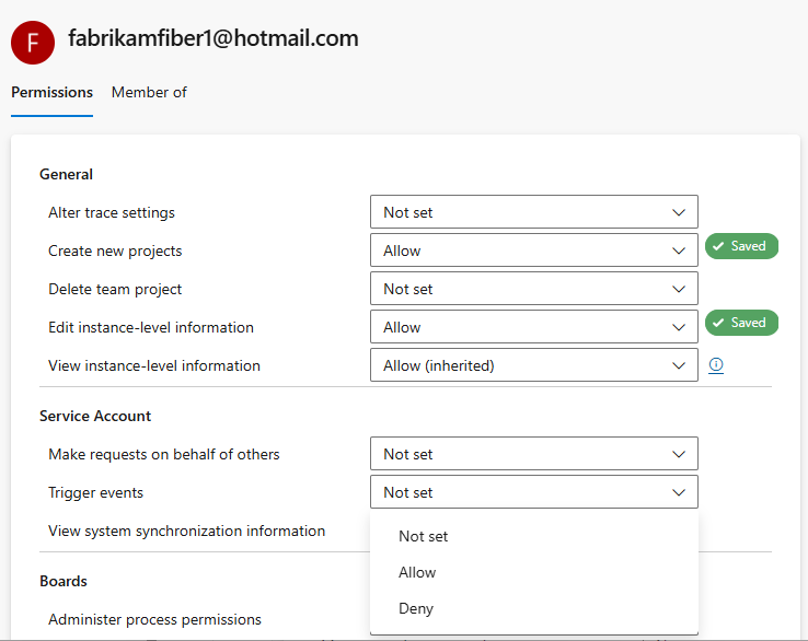 Screenshot of selected users, Permissions.