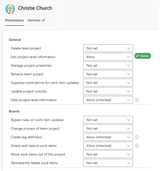 Change permission for selected user.