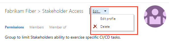 Screenshot of Open Edit group profile, on-premises versions.