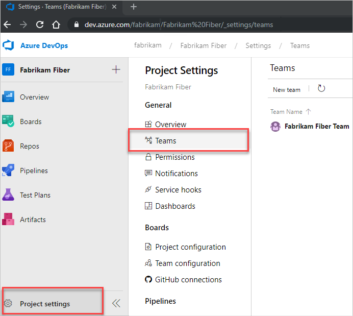 Screenshot of Open Project settings button, and then Teams button selection on Current page.