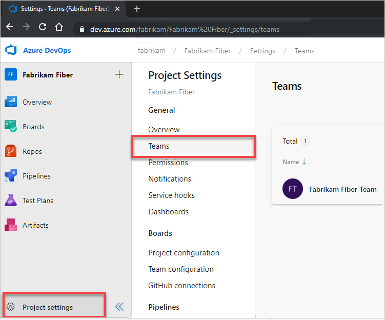 Screenshot of Open Project settings, and then Teams button.