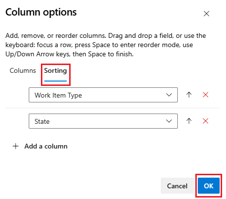 Column options dialog, sort tab