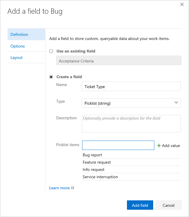 Screenshot shows Add a field to Bug dialog, Add a custom picklist.