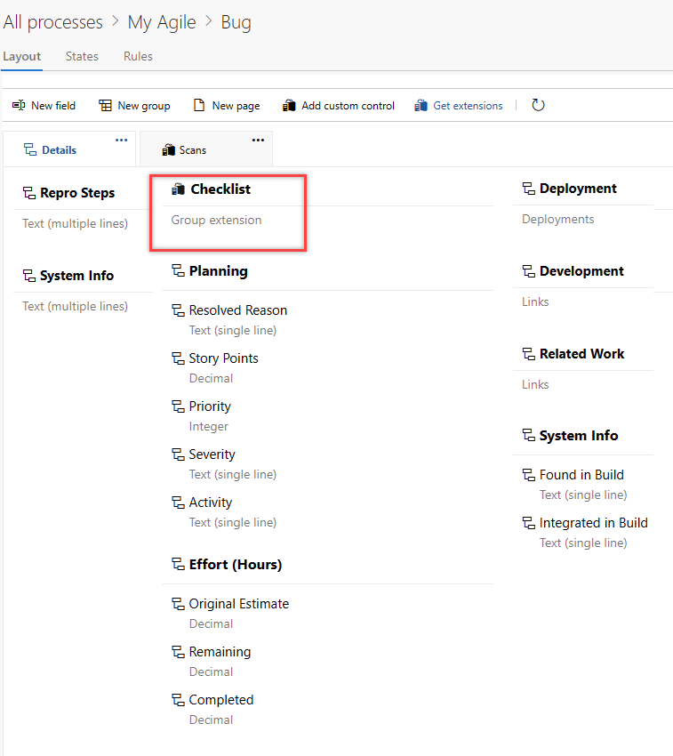Screenshot of Group extension on Bug work item form.