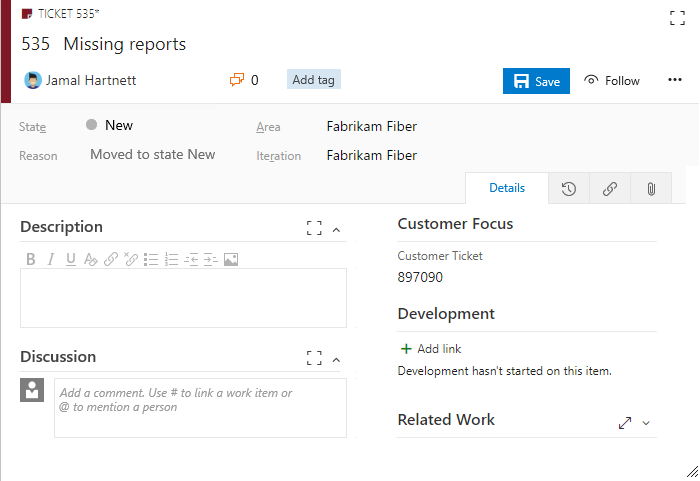 Screenshot shows a custom Ticket work item form.