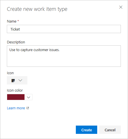 Screenshot of Create new work item type dialog.