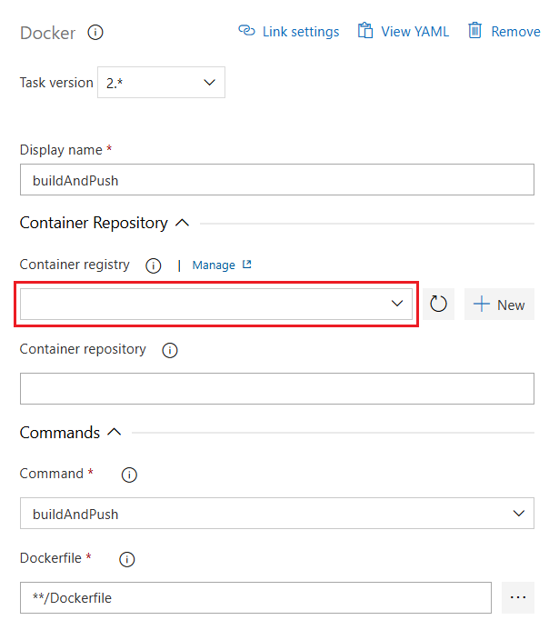 Screenshot of Docker@2 task configured to build and push image to Docker Hub, showing container registry and service connection options.