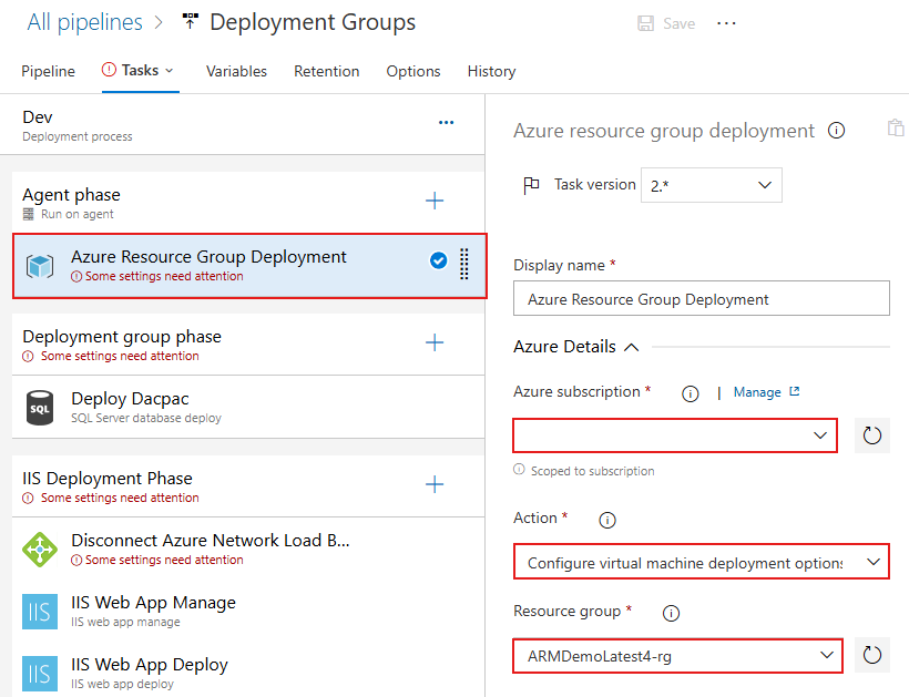 Screenshot that shows how to configure a resource group in a deployment task.