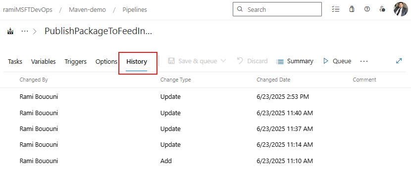A screenshot displaying how to view Classic pipeline history.
