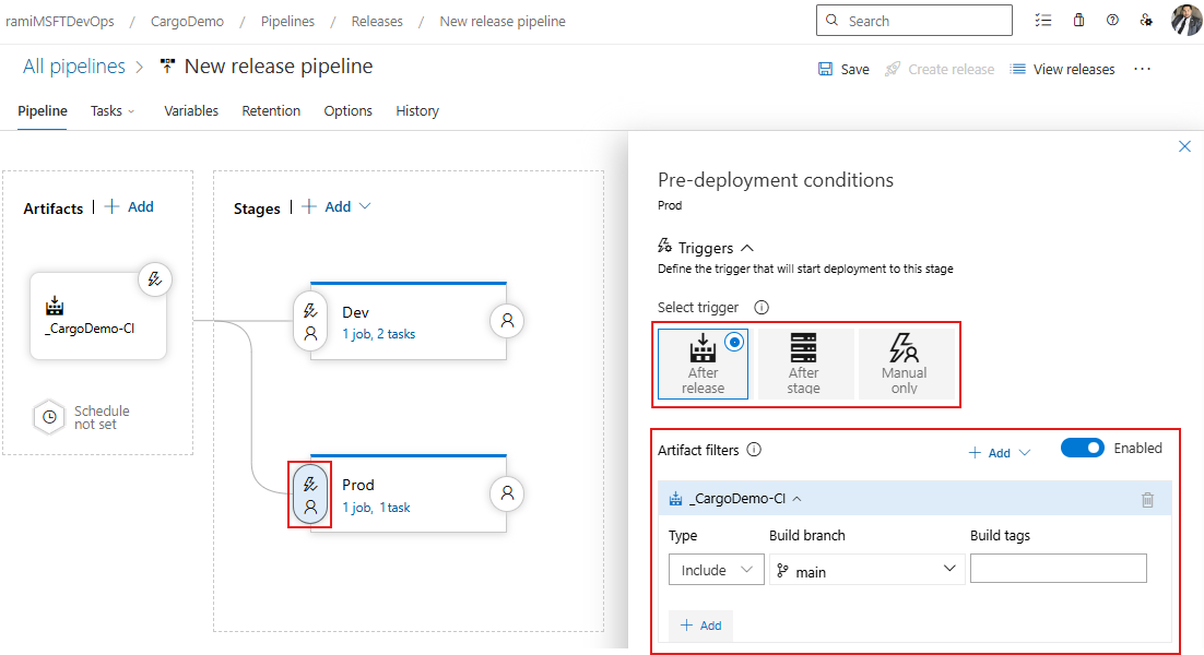 A screenshot displaying how to configure pre-deployment conditions for the production stage in a Classic release pipeline.