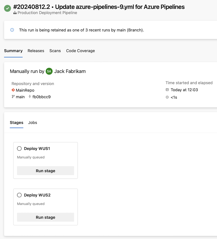 Screenshot of manually triggered YAML pipeline stages Screenshot of manually triggered YAML pipeline stages.