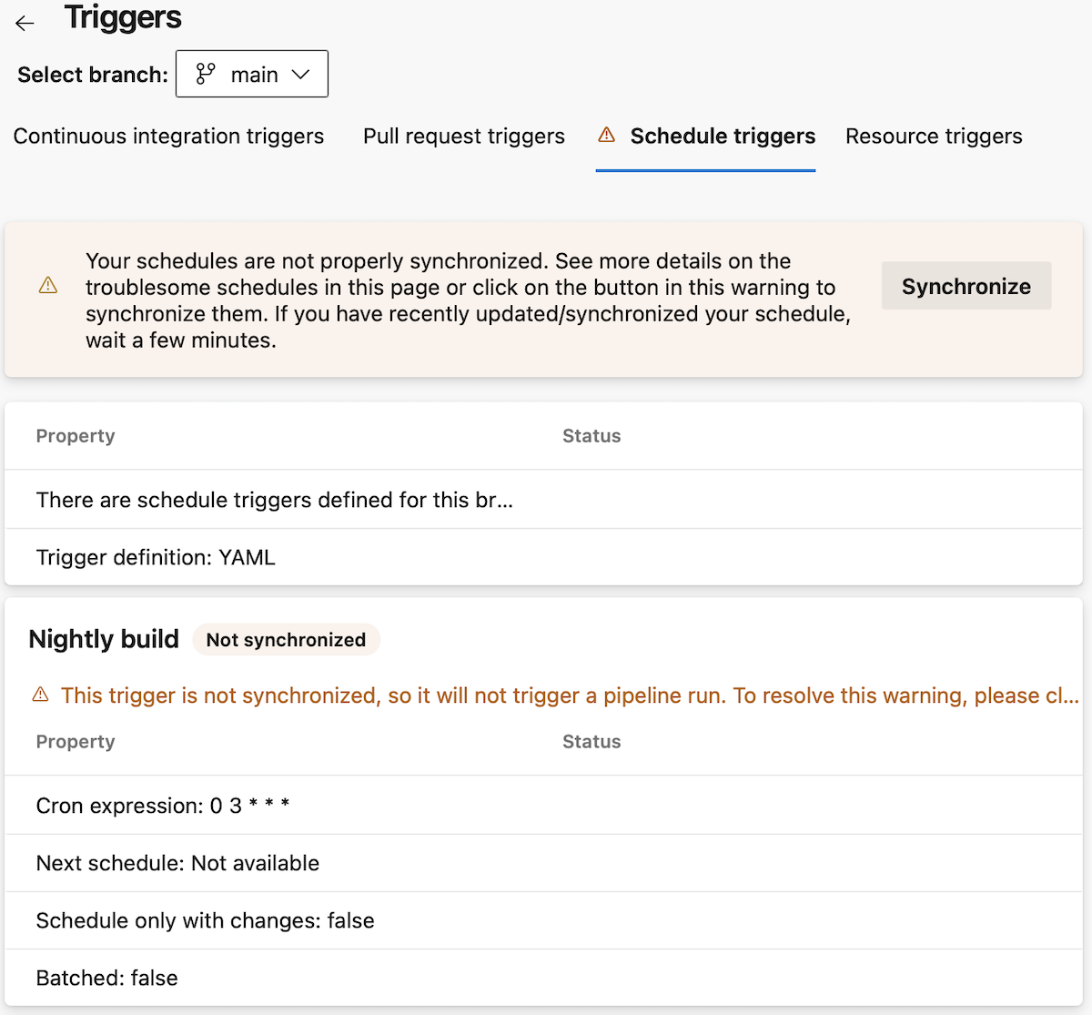 Screenshot of Pipelines schedule triggers with warning and indications on how to solve triggers are not processed.