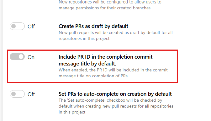 Screenshot of new repository setting for pull request ID in commit messages. Screenshot of new repository setting for pull request ID in commit messages.
