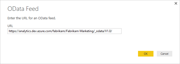 Screenshot of OData Feed dialog with the URL field for the Analytics endpoint.